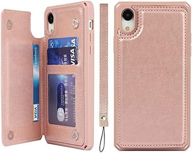 iCoverCase for iPhone XR Wallet Case with Credit Card Holder Stand [RFID Blocking] Premium PU Leather Kickstand Magnetic Shockproof Cover with Wrist Strap for Men Women (Rose Gold)