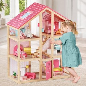 Tiny Land Wooden Dollhouse for Girls - 6 Rooms Wooden Doll House