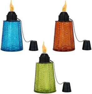 Sunnydaze Multicolored Glass Outdoor Tabletop Torch Set with Fiberglass Wicks - Set of 3 (1 Blue, 1 Orange and 1 Green)