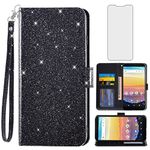 Asuwish Phone Case for Cricket Vision 3/Debut/AT&T Calypso 1 2 with Screen Protector and Glitter Wallet Cover Flip Card Holder Slot Stand Cell Accessories Wireless 4G LTE U318AA U319AA Women Men Black