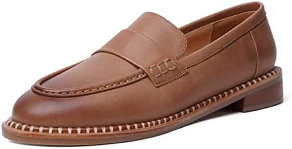 FOGEENA Womens Penny Matte Leather Casual Slip On Round Toe Work Chunky Low Heel Loafers Dress Shoes 1 Inch, Brown, 9.5