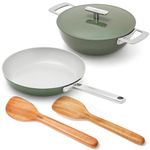 Ember Non-Stick Ceramic Cookware Set 5 Piece | ISI Certified | Includes Frying Pan, Kadai with Lid, 2 Wooden Spoons & Gentle Cleaning Eraser | Induction Compatible | PFAS & PTFE Free - Green