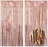 2pcs 1M X 2M Rose Gold Metallic Tinsel Curtains Aluminum Foil Flow Silk Curtain Background Streamer Birthday Party Wedding Holiday Backdrop Decoration Engagement Bridal Shower Photo Christmas