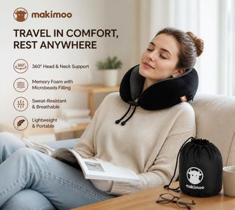 Makimoo Memory Foam Travel Neck Pillow – 360° Support, Black with Bag