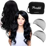 Full Head Natural Look Long Curly Black Hair Wig for Women - 30 Inch Matt Finish, Includes 2 Wig Caps & 1 Carry Pouch