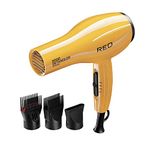 RED by KISS 2000 Ceramic Hair Dryer, Professional Salon Blow Dryer 3 Attachments Included, 2 Detangler Piks, 1 Air Concentrator (Yellow)