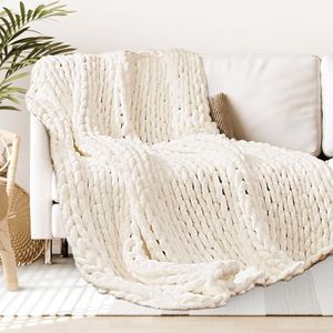 Touchat Chunky Knit Blanket Throw, White Crochet Chenille Throw Blanket, Handmade Cozy Cream Cable Knit Throw Blanket Boho Bedroom Decor, Soft Fluffy Beige Knot Blanket for Couch Bed