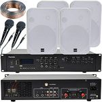 400W Stereo Bluetooth Audio & Voice Public Address System | 2 Channel Mixer Amplifier Amp Kit | 4x 200W White Wall Mounted Speakers | Loud Wireless Music | School Assembly Town Hall | Echo Alexa