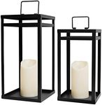 HPC Decor Black Metal Candle Lanterns Set of 2- Lanterns Decorative w/ LED Timer Candles- 15.8'' & 12.6'' Chunky Modern Farmhouse Lantern Decor for Indoor,Outdoor,Fireplace,Porch (No Glass)