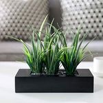 MyGift Artificial Green Grass Plants Potted in 9-inch Matte Black Wood Decorative Planter, Tabletop Faux Greenery in Wooden Rectangular Pot Centerpiece Décor