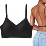 Runmeihe Low Back Bras for Backless Dress, Invisible Seamless Backless Bra with Multiway Convertible Strap, Wirefree Halter Bra for Women Ladies (UK, Alpha, L, Regular, Regular, Black)