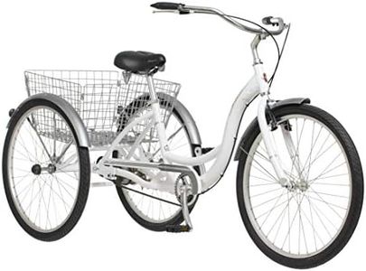 Schwinn Meridian Adult Tricycle Bike, Mens and Womens Three Wheel Beach Cruiser, 26-Inch Wheels, Low Step-Through Frame, Wide Seat, Rear Folding Basket, 1-Speed, White