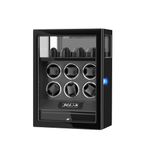 DUKWIN Watch Winder, Automatic Watch Winder for 6 Watches with Fingerprint Lock, 4 Watches Holders, Digital Remote Control, LED Lighting, Mabuchi Motor, Jewelry Storage Drawer Black