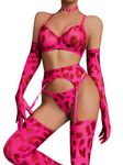 Aphrotiny Women's Leopard Lingerie Sexy Lingerie Set with Stockings & Gloves 6 Piece Bra and Panty Sets with Choker