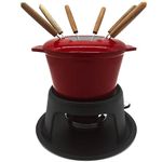 Andrew James Fondue Set for Cheese or Chocolate, Red Enamelled Cast Iron with 130mml Capacity and Gel Fuel Burner, Cast Iron Pot On Tripod with 22cm Base, Includes 8 Colour Coded Fondue Forks