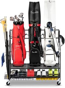 FHXZH 3 Golf Bag Storage Garage Organizer, Golf Bag Stand Fit for 3 Golf Bags, Golf Clubs, Golf Balls, Golf Equipment Accessories, Golf Bag Storage Rack with Wheels for Garage, Club, Shed, Basement