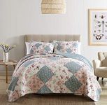 Chezmoi Collection Jolie 3-Piece Garden Floral Vintage Washed 100%-Cotton Reversible Diamond Patchwork Quilt Set, King