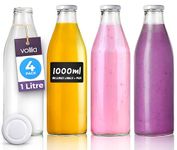 Glass Milk Bottles with Lids 1L - 4 Pack Reusable Milk Bottle for Beverages, Sauces, Storage Container and Decor - Leakproof Glass Bottles with Lids, Labels and Pen (White Lid)