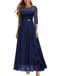 MIUSOL Women's Vintage Floral Lace Half Sleeves Ruffles Trim Bridesmaids Party Gown Formal Maxi Dress (Large, Navy Blue)