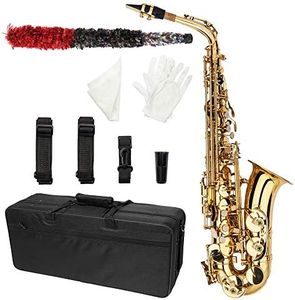 Kcelarec Alto Eb E-flat Saxophone Gold Lacquer SAX Beginners Kit with Case, Mouthpieces,Gloves,Aglet,Cleaning Cloth,Reed (Style 1)