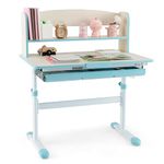 GYMAX Kids Desk, Height Adjustable Study Table with 7-Level Tiltable Desktop, Pull Out Drawer, Book Stand & Ruler, School Home Children Writing Desk for 3-12 Years Old Boys Girls (Blue)