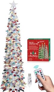 HMASYO 6 FT Pop Up Christmas Tree with 100 LED Lights & Remote, Sliver Christmas Tinsel Tree, Collapsible Artificial Pencil Tree for Home Office Party Decor, USB Powered Timer Lights, Easy Assembly
