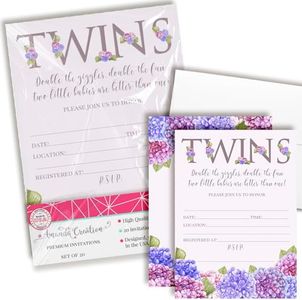 Blue and Purple Hydrangea Watercolor Floral Baby Sprinkle Baby Shower Invitations for Twins, 20 5"x7" Fill in Cards with Twenty White Envelopes by AmandaCreation