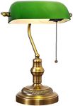 LANMOU Banker Lamp Green Desk Lamp Retro Green Table Lamp Vintage with Chain Switch, Bankers Lamp Lampshade Made of Glass, Brass Finish, E27 Socket