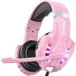 BENGOO Stereo Gaming Headset for PS4, PC, Xbox One Controller, Noise Cancelling Over Ear Headphones Mic, LED Light, Bass Surround, Soft Memory Earmuffs for Laptop Mac Nintendo Switch Games - Pink