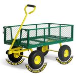 CAPHAUS Metal Green Garden Cart, w/ 180° Adjustable Yellow Handle, w/Mat and Strap, Heavy Duty 880 lbs Capacity, w/ 10” Flat-Free Tires, Sides Removable, Utility Wagon, Yard Cart, for Garden, Farm