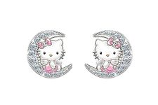 Kaguyo silver earrings for women, 925 Sterling Silver Hello Kitty Earrings, zirconia cute cat stud earrings For Women Girls kids, birthday Gift (Hello Kitty B)