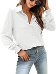 Womens Casual Chiffon Blouses Puff Long Sleeve Tops Swiss Dot Button Down Shirts with Smocked Cuffs, White, Medium