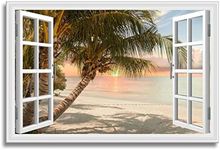 Beach Palm Tree Pictures Wall Art Fake Open Window Ocean Sunset Scene photos for Home Yellow Walls Decor 36x24