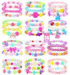 PinkSeep Beaded Bracelets for Kids- 12 Pack 36 PC, Little Girl Plastic Bracelets, Flower Butterfly Pink Bracelet, Party Favor