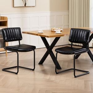 AVAWING Mid Century Modern Cantilever Dining Chairs Set of 2, PU Leather Upholstered Armless Chairs with Back & Metal Legs for Kitchen, Dining & Living Room, Black