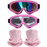 immoono 2Pcs Motorcycle Goggles with 2Pcs Neck Gaiters, Dirt Bike ATV Motocross Riding Racing Ski Goggle Safety Glasses, Pink Frame with Light Pink Bandana