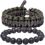 Xfoxstal 2Pcs Adjustable Handmade Survival Paracord Bracelets Set Lava Stone Stretch Beaded Bracelets for Women Men Outdoor Hiking Camping Unisex, Large, Stone, Lava Stone