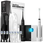 Aquasonic Duo PRO Ultra Whitening 40,000 VPM Electric Smart ToothBrushes ADA Accepted - 4 Modes with Smart Timers - UV Sanitizing & Wireless Charging Base - 10 Proflex Brush Heads & 2 Travel Cases