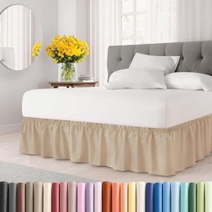 Wrap Around Dust Ruffle Bed Skirt – Cream - for King Size Beds with 24 in. Drop – Easy Fit Elastic Strap - Pleated Bedskirt with Brushed Fabric - Wrinkle Free, Machine Wash - by CGK Linens