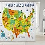 Luowenji United States Map Shower Curtain Cartoon Animals Shower Curtains Mould Proof Resistant 180x180 cm 3D Bathroom Bath Curtain Waterproof Fabric with Hooks for Wet Room 4699L