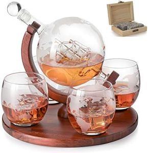 Etched World Decanter whiskey Globe - The Wine Savant Whiskey Gift Set Globe Decanter 750 ml with Antique Ship, Whiskey Stones and 4 World Map 10oz Glasses, Great Gift - Alcohol Related Gift, HOME BAR