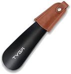 TYGA STORE Metal Shoe Horn - Short 17cm Shoehorn Lazy Shoe Helper, Small Shoe Horns With Leather Handle Strap, For Men, Women and Kids (Black, 1)