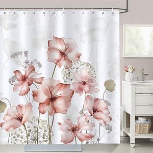 Bonhause Tenda Doccia Fiori Rosa ad Acquerello Tende per Doccia in Poliestere Impermeabile Antimuffa Lavabile Tende Bagno 180 x 180 cm con 12 Ganci