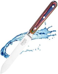 Sabatier Professional Serrated Utility Kitchen Knife - 5in/12cm Full Tang Taper Ground Stainless Steel Blade. Unique Coloured Pakkawood Triple Rivet Handle. Lifetime Performance 25yr Guarantee