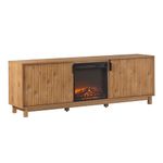 Walker Edison 70" Modern Reeded TV Stand with Freestanding Electric Fireplace, Cabinet Storage for Media and Games, Ambient Flame with or Without Heat, 16" D x 23.76" H, English Oak