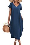 Ekouaer Nightgowns for Women Short Sleeve Sleepwear Maxi Dress Casual Wear Soft Cotton Nightshirt(Navy Blue, Large)