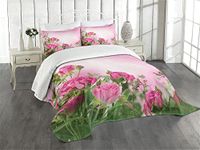 ABAKUHAUS Flower Bedspread Set, Spring Season Roses Buds, Decorative Quilted 3 Piece Coverlet Set with 2 Pillow Shams, Pink Green