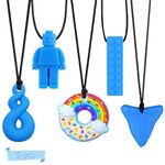 5Pcs Sensory Chew Necklace, Blue Teether Chew Toys for Autistic Children, Anxiety, Biting Needs Silicone Chewy Teether Toy Made of Food Grade Silicone for Kids Teething Oral Motor Chewy