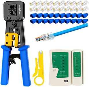 RJ45 Crimp Tool Kit Pass Thru Cat5 Cat5e Cat6 RJ45 Crimping Tool with 20PCS RJ45 Cat6 Pass Through Connectors, 20PCS Covers,1 Wire Punch Down Cutter and 1 Network Cable Tester