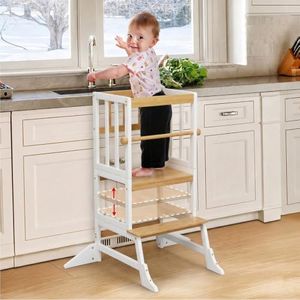 COSYLAND Toddler Standing Tower - Adjustable Height Toddler Kitchen Stool Helper - Kids Kitchen Step Stool for Learning with Removable Safety Railing White & Natural